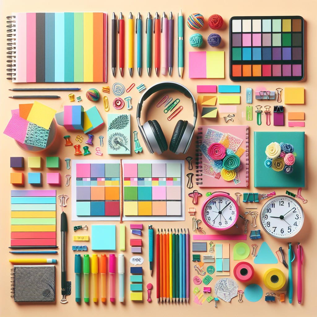 A colorful workspace featuring organizational tools such as sticky notes, planners, and headphones