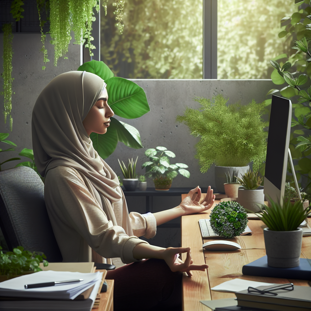A calm workspace with a person meditating at their desk surrounded by plants
