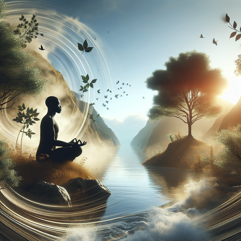 A serene scene depicting a person practicing mindfulness in nature, surrounded by calming elements like trees and water, illustrating peace and focus