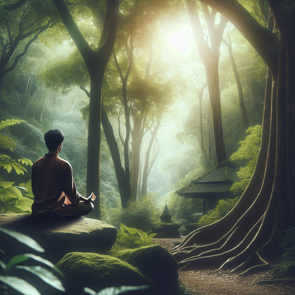 A serene scene depicting a person practicing mindfulness in nature, surrounded by trees and soft sunlight filtering through leaves