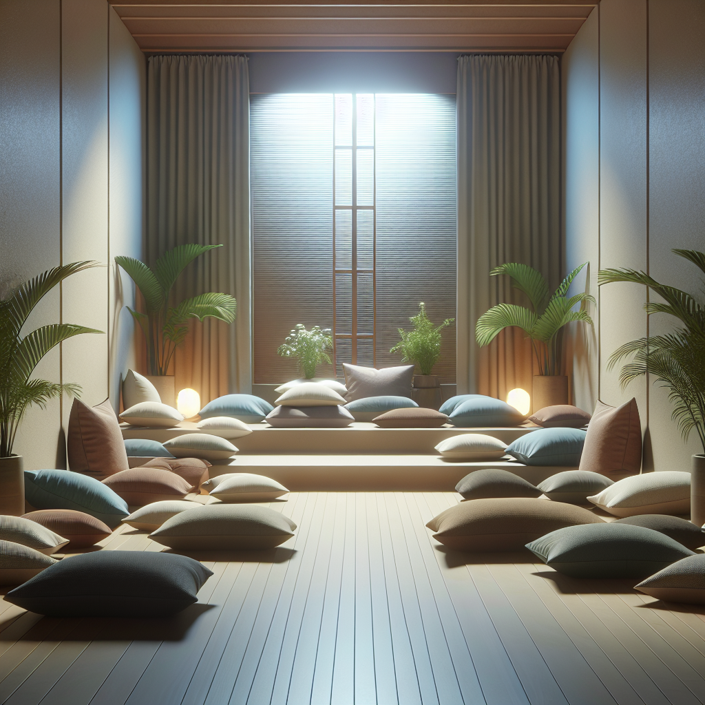 A serene meditation space with soft lighting, cushions, and calming colors, depicting guided meditation for individuals with ADHD