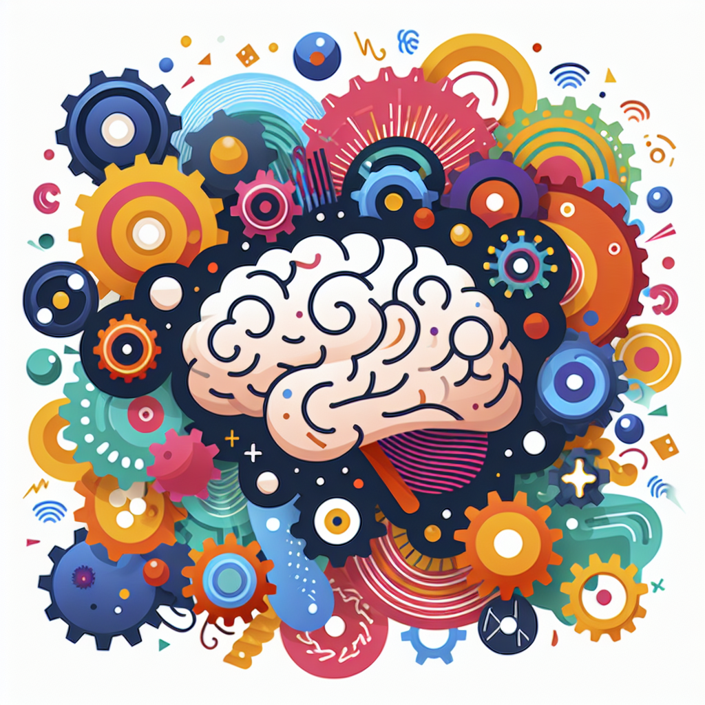 A vibrant illustration of a brain surrounded by swirling thoughts and gears, depicting the chaos of ADHD and overthinking
