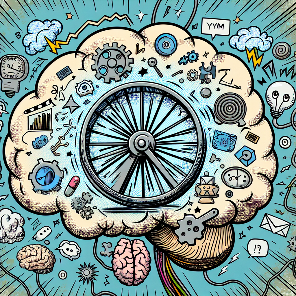 An illustration of a hamster wheel representing overthinking in an ADHD brain, surrounded by chaotic thoughts and symbols of stress