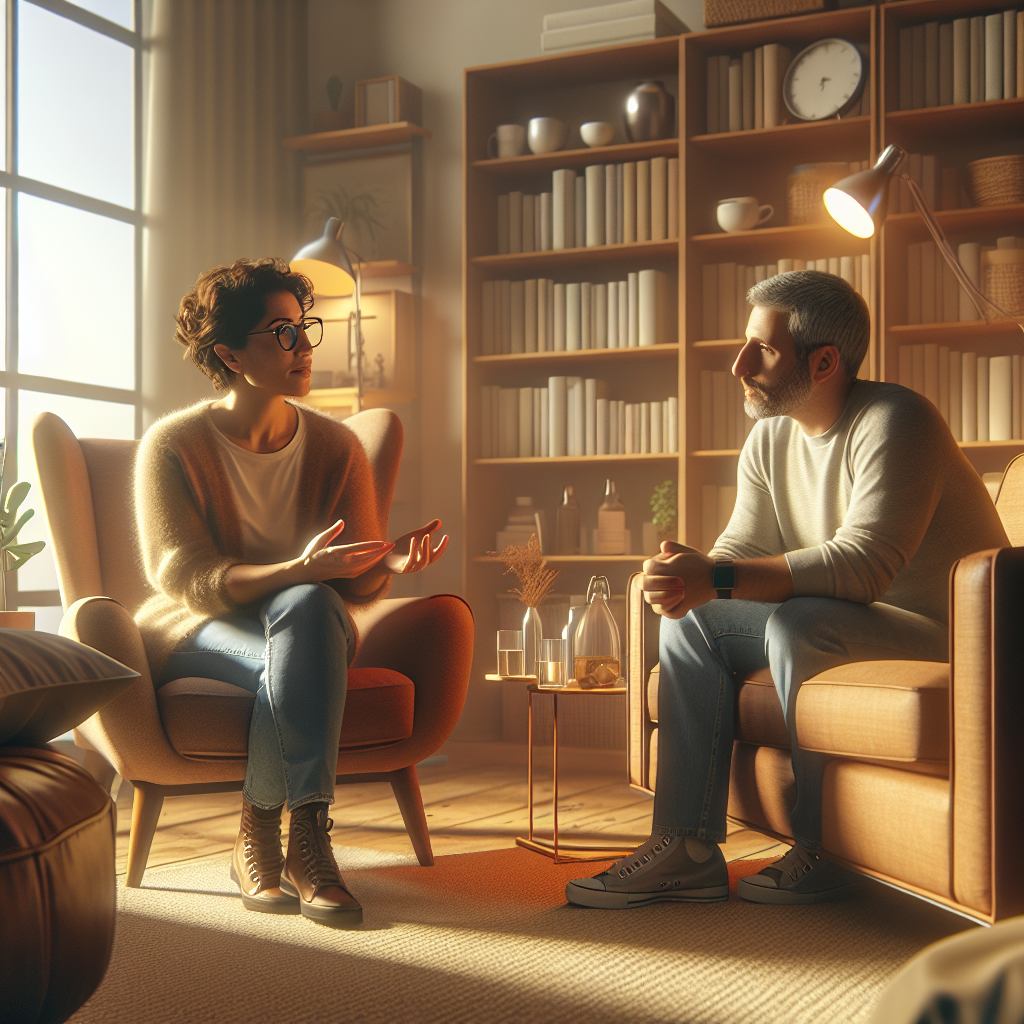 A friendly therapist discussing medication options with an adult client in a cozy office setting