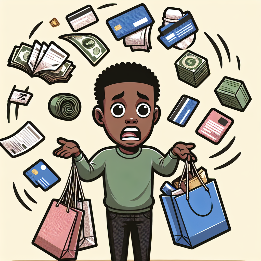 A whimsical illustration of a person juggling bills, credit cards, and shopping bags while looking confused