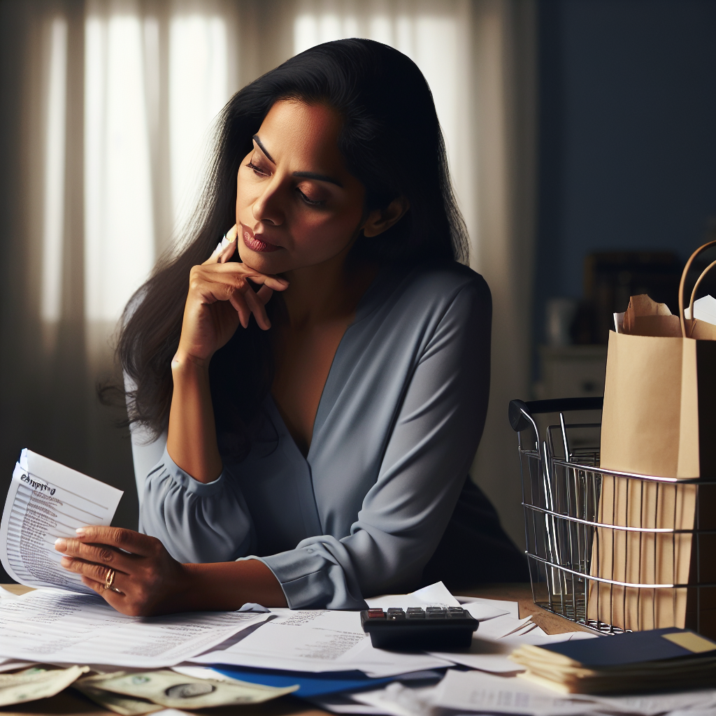 A person looking thoughtfully at their shopping list while sitting at a desk surrounded by bills and financial documents