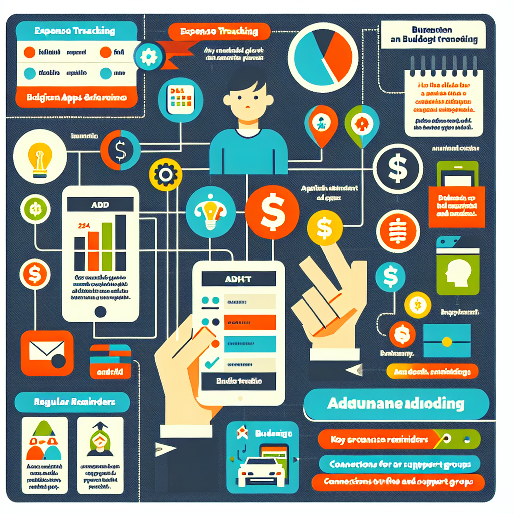 A colorful infographic showing various budgeting apps and tools designed for people with ADHD, highlighting their features such as expense tracking, reminders, and support group connections.