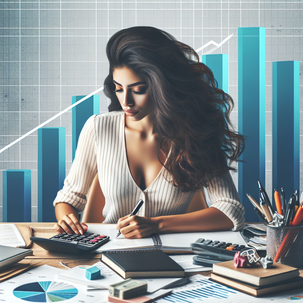 A person sitting at a desk surrounded by budgeting tools such as calculators, notebooks, and colorful charts showing savings growth