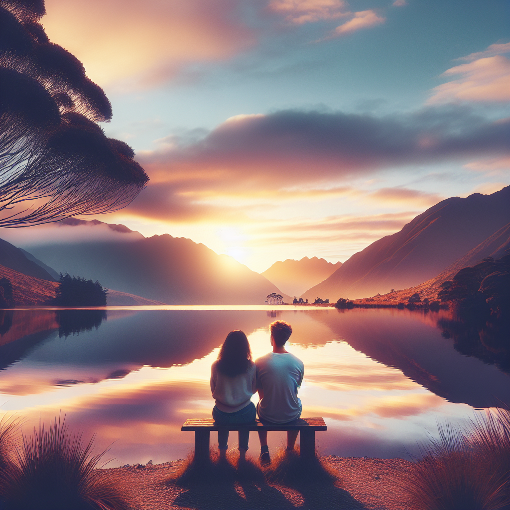 A serene landscape depicting two friends sitting together on a bench overlooking a peaceful lake at sunset, symbolizing connection and support during tough times.