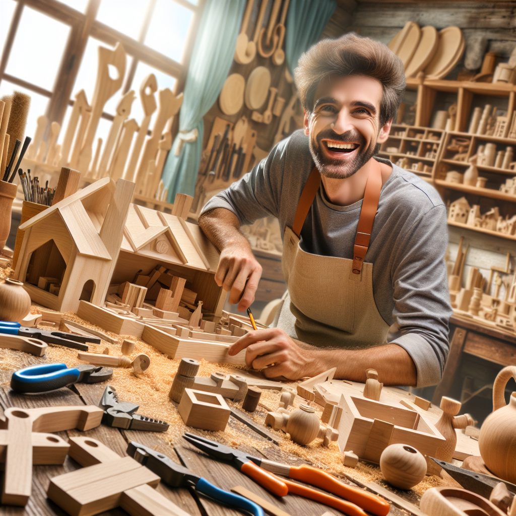 A vibrant scene showing Tom happily working on woodworking projects in his workshop filled with tools and wooden creations around him.
