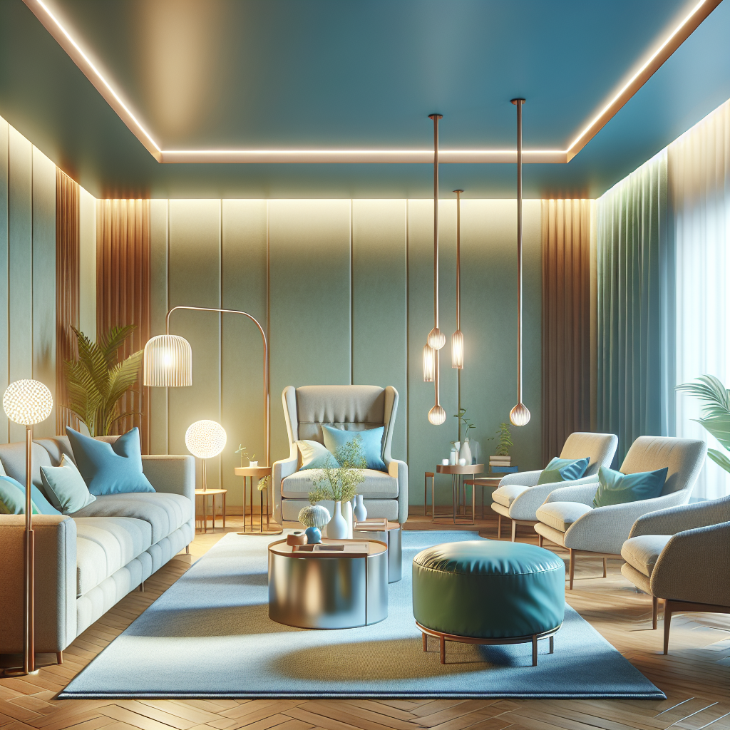 A serene therapy room with calming colors where ketamine-assisted psychotherapy takes place, featuring comfortable seating and soft lighting.