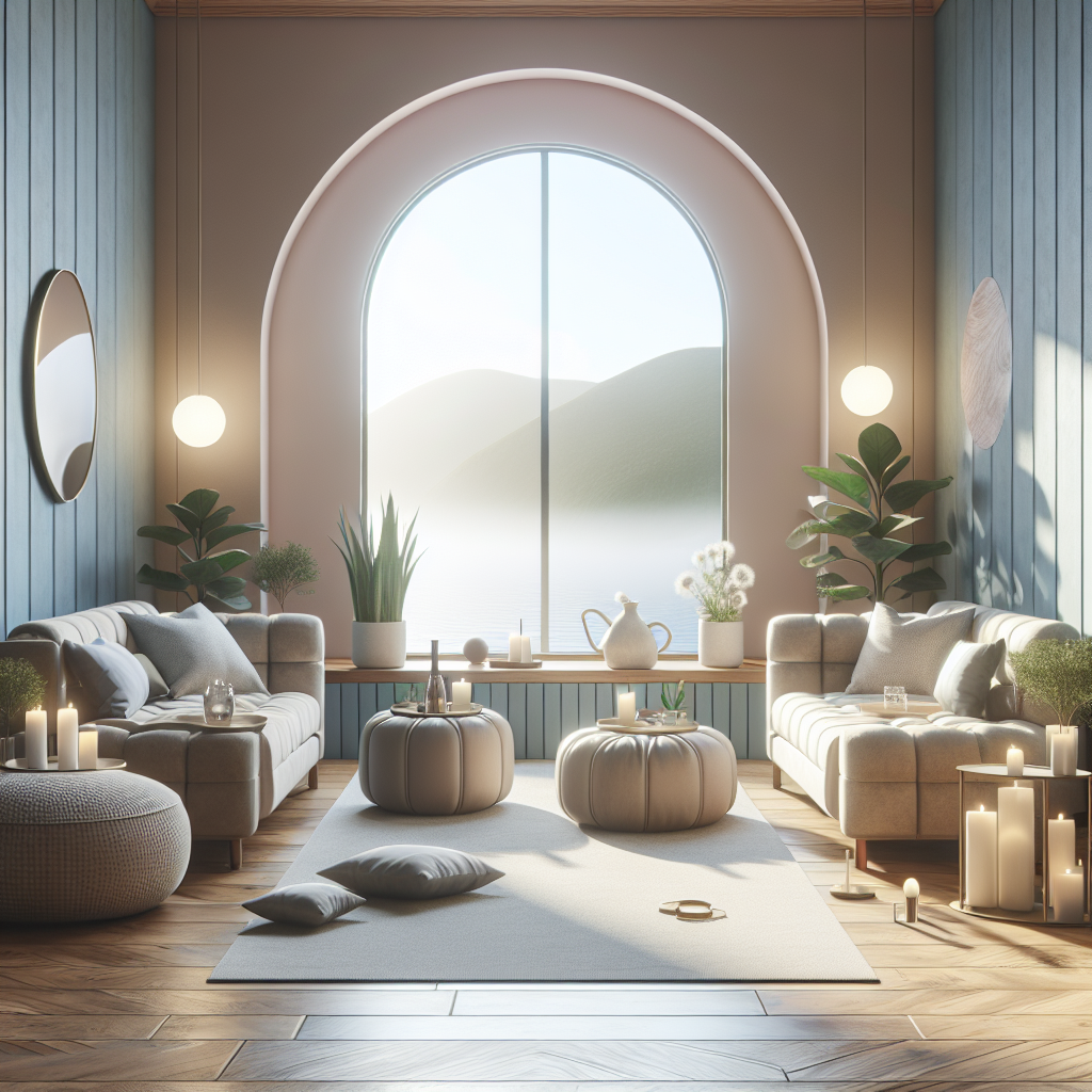 A serene therapy room designed for ketamine-assisted psychotherapy sessions, featuring soft lighting, comfortable seating arrangements, and calming decor that promotes relaxation.