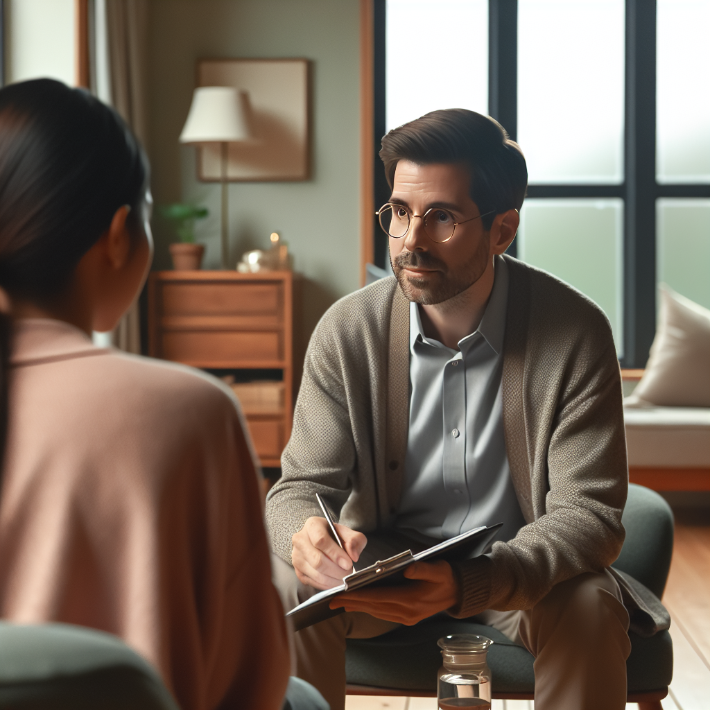 A thoughtful therapist engaging with a client during a ketamine-assisted psychotherapy session, emphasizing care and professionalism.