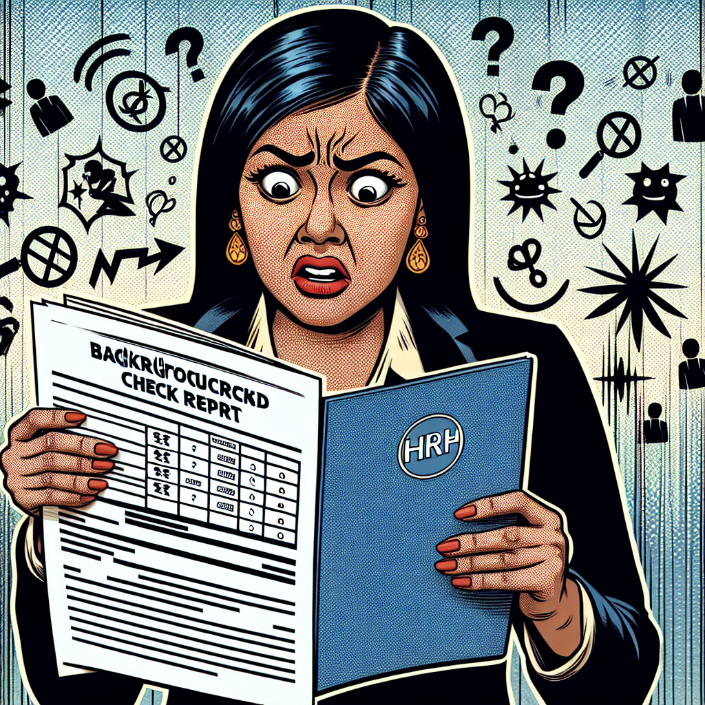 A humorous illustration showing a confused HR manager looking at a chaotic background check report filled with errors