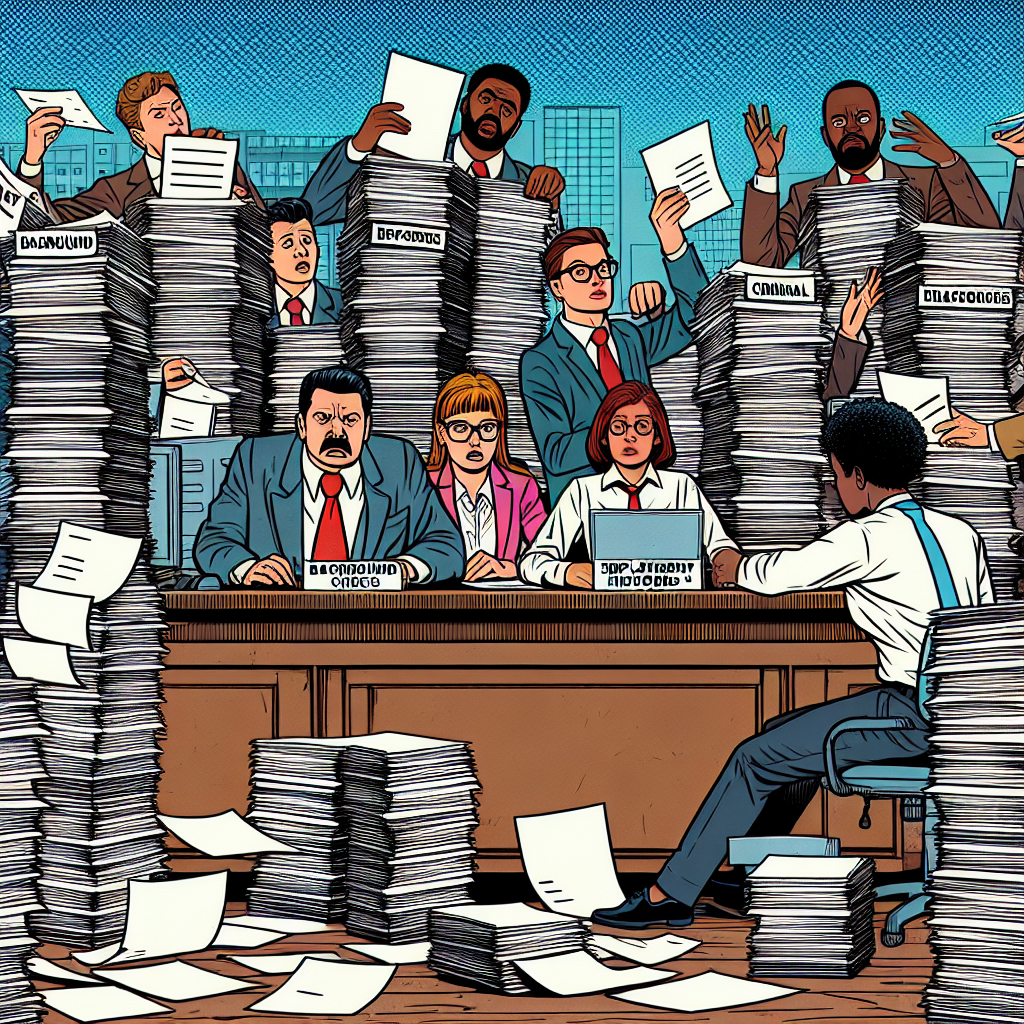A humorous cartoon depicting a chaotic office environment with HR personnel surrounded by stacks of confusing paperwork labeled 'Background Checks', 'Criminal Records', and 'Employment History'.
