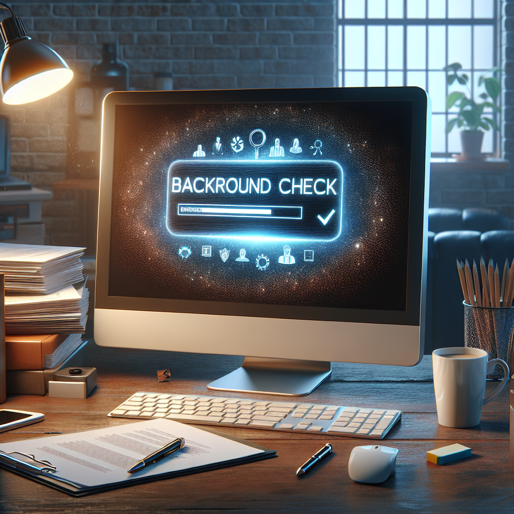 A modern office setting with a computer displaying background check results on the screen, surrounded by documents and a coffee mug