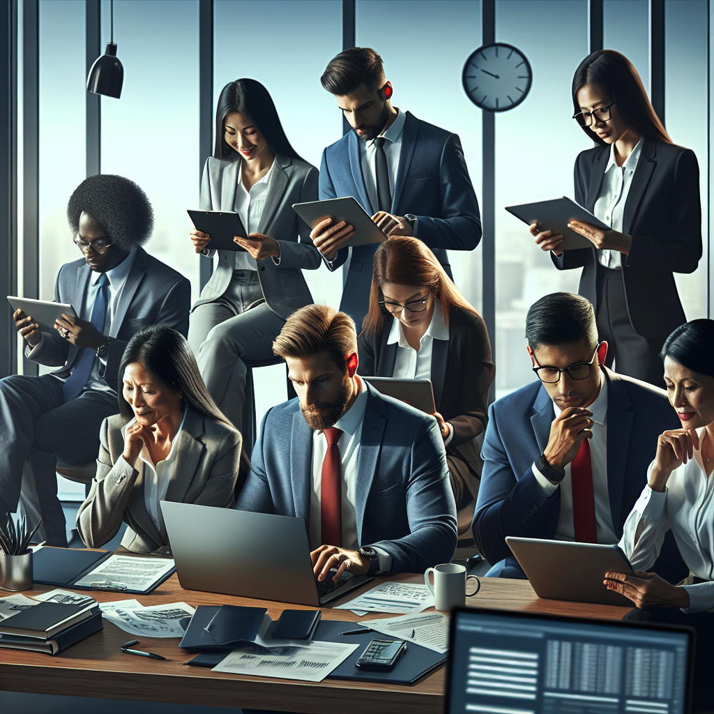 A diverse group of professionals reviewing background check reports on laptops and tablets in an office setting