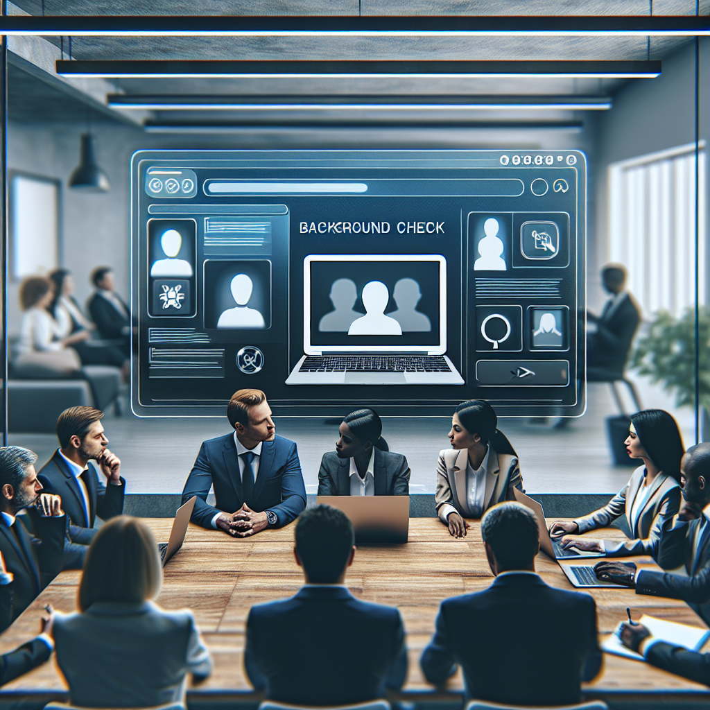 A modern office setting with HR professionals discussing background check platforms, featuring laptops displaying user-friendly interfaces of various websites.