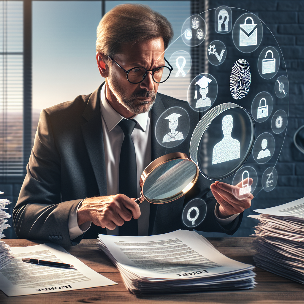 A small business owner reviewing resumes with a magnifying glass, surrounded by digital icons representing background checks like criminal records, education verification, and employment history.