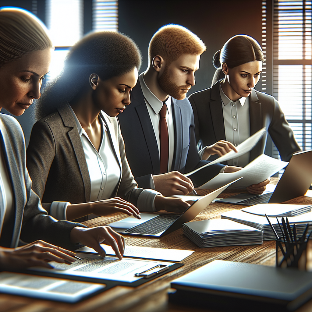 A diverse team conducting an employee vetting process with laptops and documents