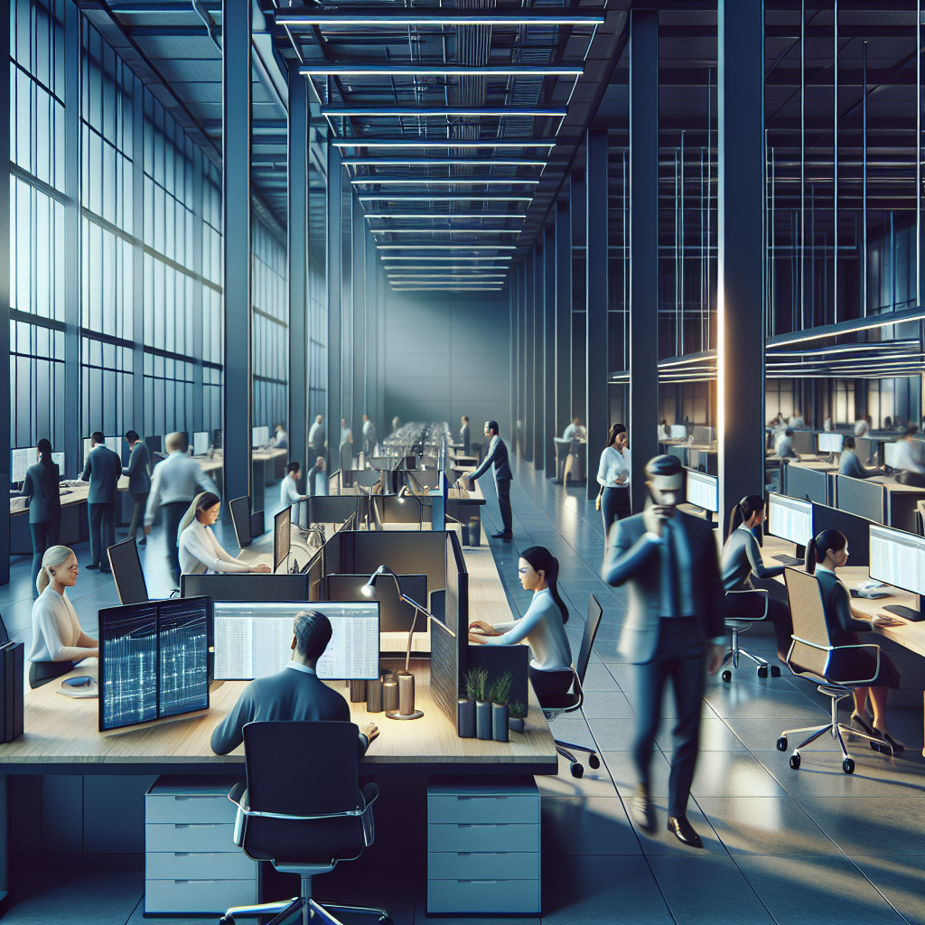 A modern office environment showcasing employees using digital tools for background checks