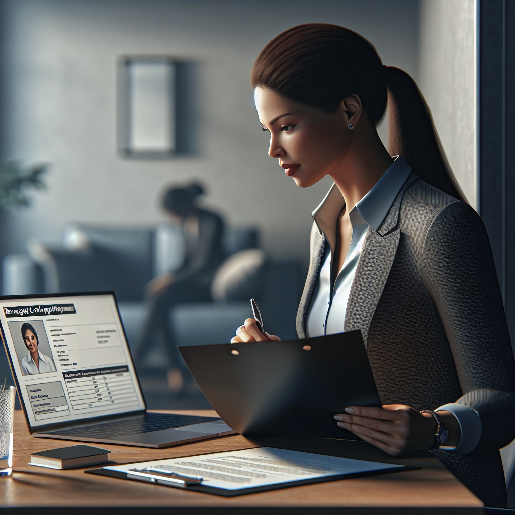 A small business owner reviewing employee applications with a laptop open displaying background check results