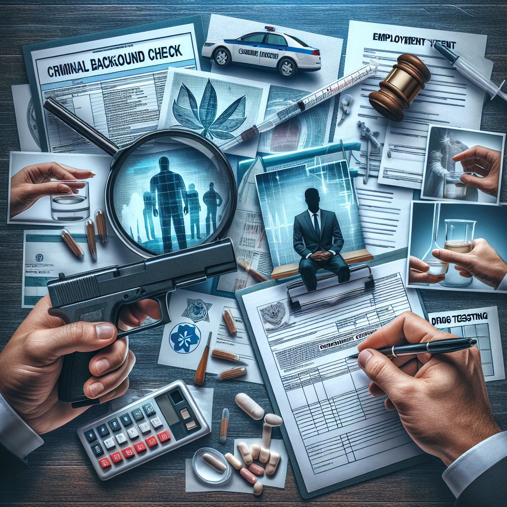 A collage depicting various types of background checks such as criminal background check, employment verification, and drug testing in an office setting