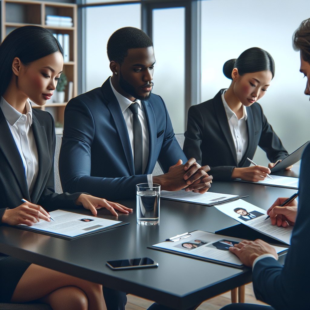 A diverse group of professionals reviewing resumes and conducting interviews in an office setting