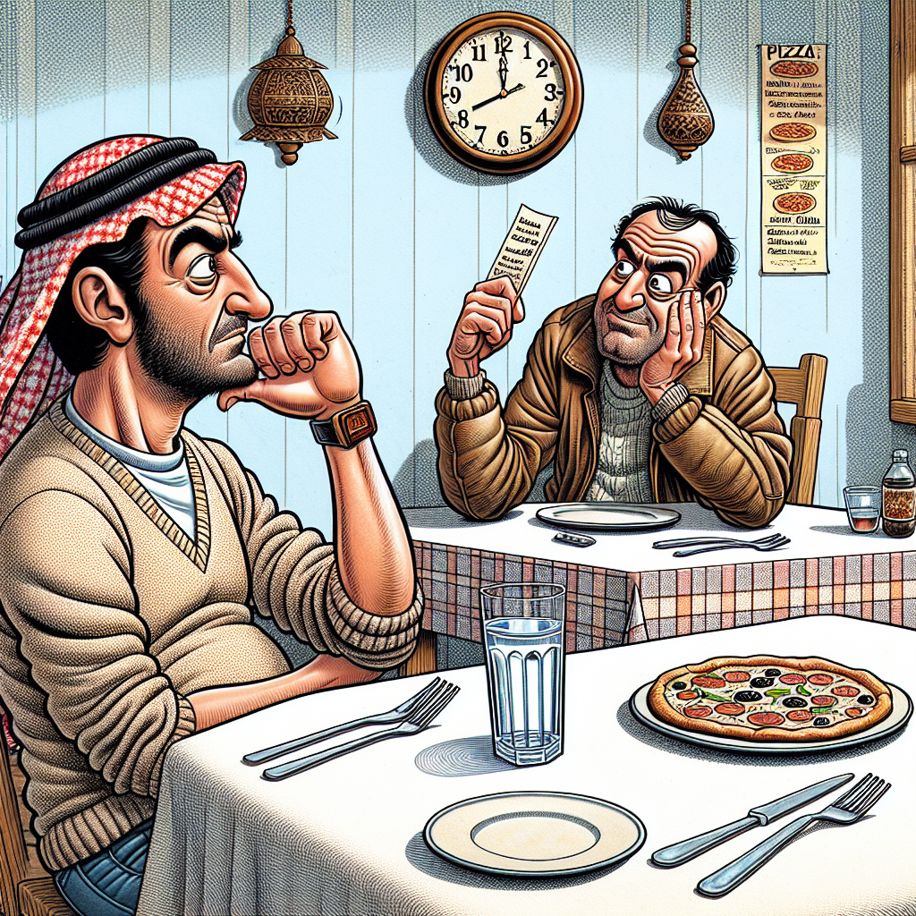 A humorous illustration depicting a person waiting impatiently for their pizza while checking their watch, symbolizing the waiting period of background checks