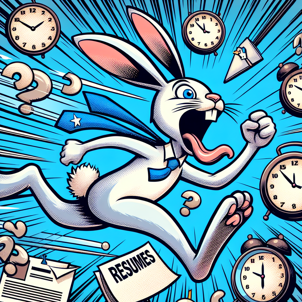 A visual metaphor of speed in hiring processes, featuring an animated rabbit racing against time with clocks and resumes flying around