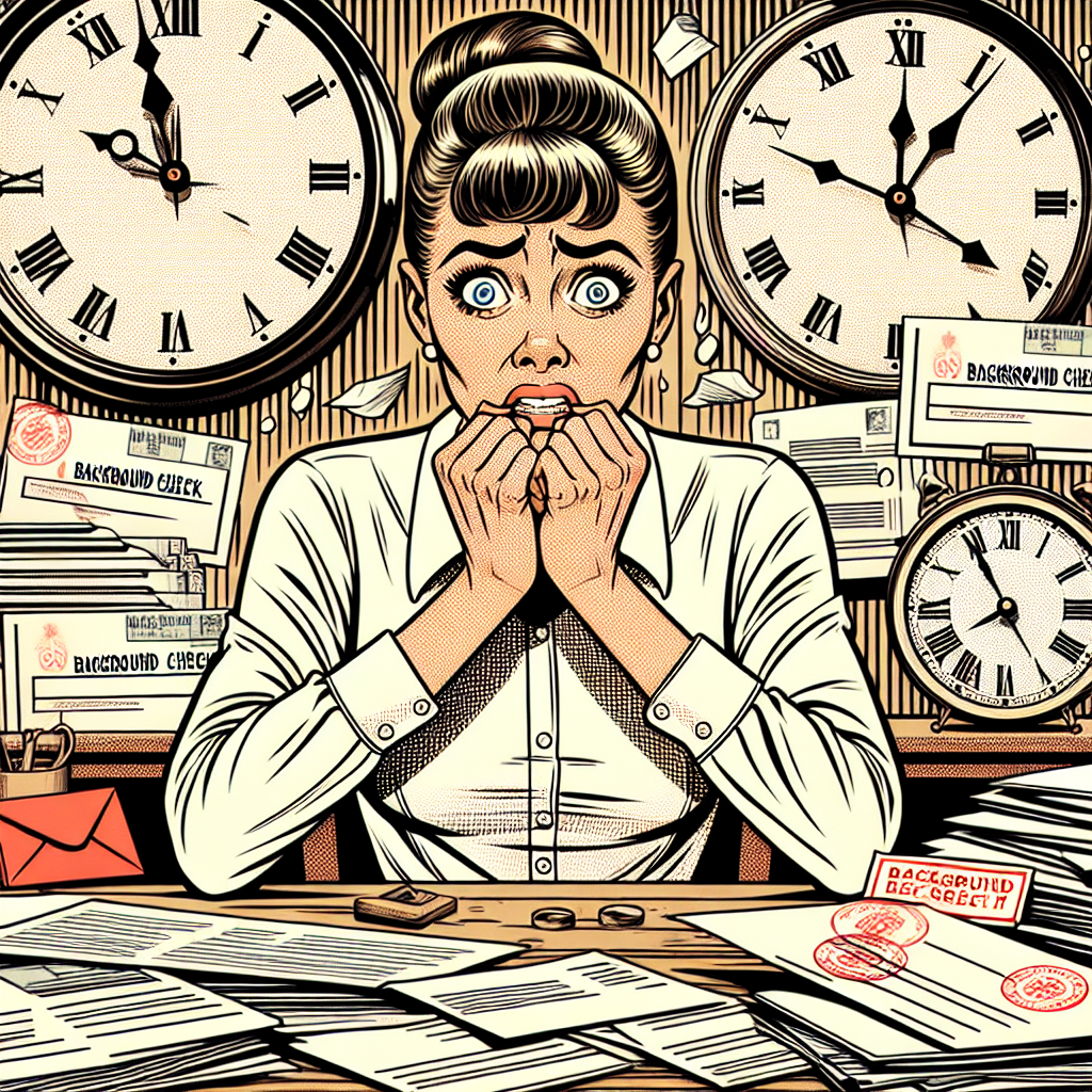 A humorous illustration depicting a person anxiously waiting for their background check results with clocks and paperwork around them