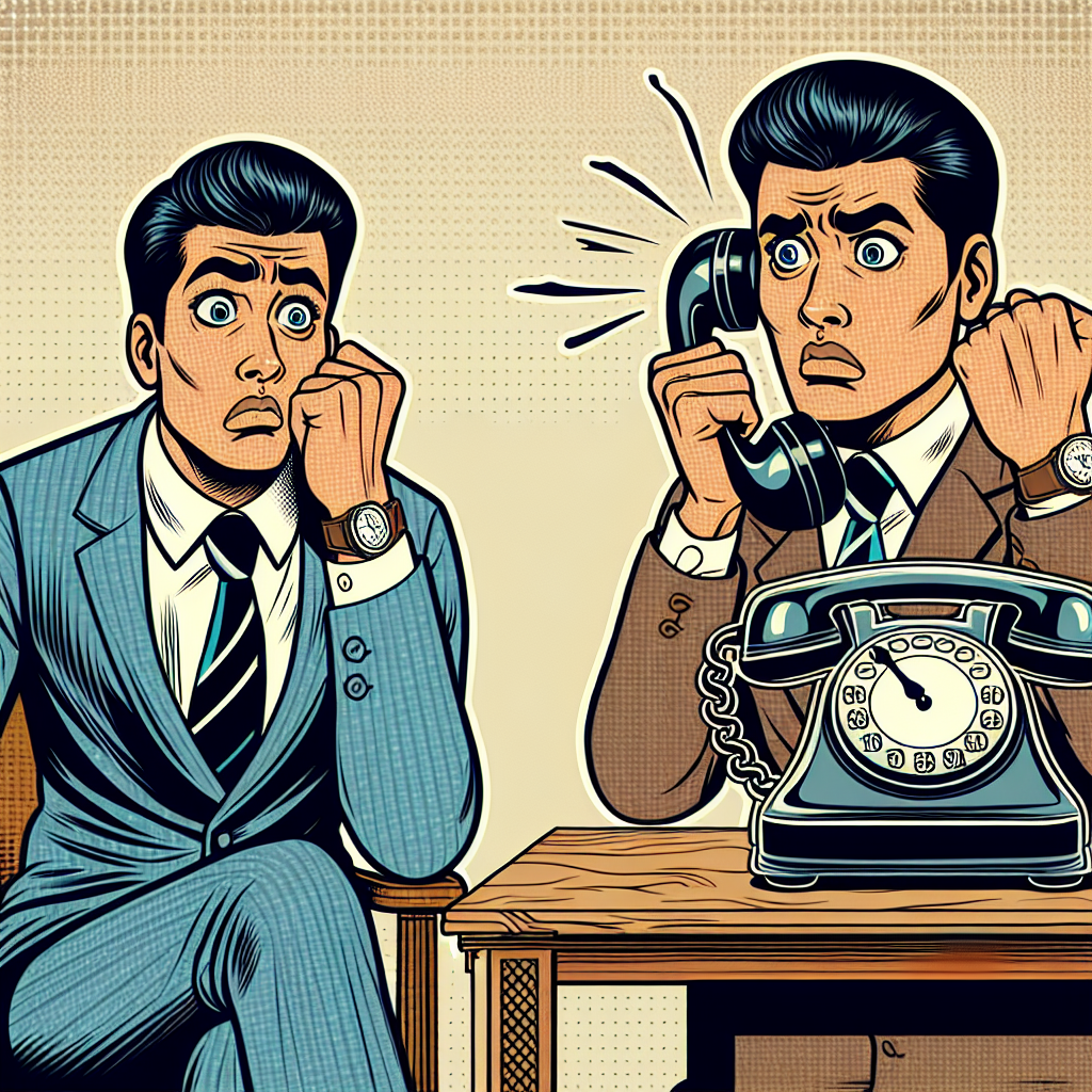 A humorous cartoon depicting a person anxiously waiting by a phone while checking their watch, symbolizing the wait for an employment background check