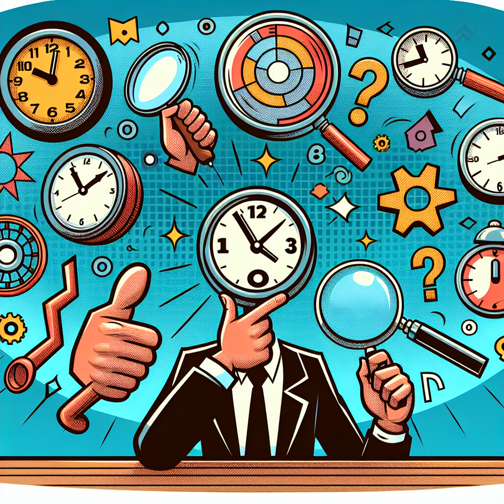 A humorous illustration showing various factors influencing background check duration like clocks and magnifying glasses