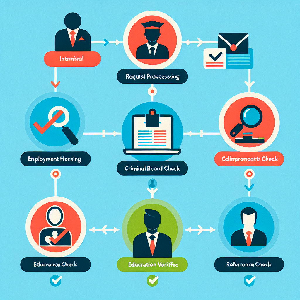 A colorful infographic showing a timeline of employment background checks with icons representing each step (initial request processing, employment verification, criminal record check, education verification, reference checks)