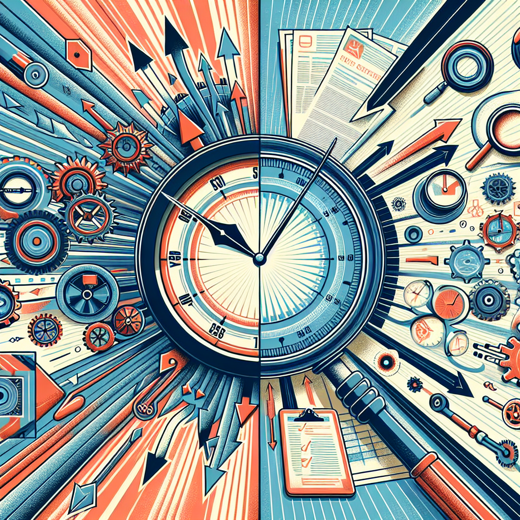 A split image showing two paths: one leading towards a clock representing speed with fast-moving elements like arrows and gears; another leading towards a magnifying glass symbolizing accuracy with detailed documents and checklists