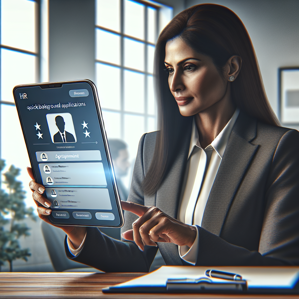 A professional HR manager reviewing candidate applications with digital tools for fast background checks