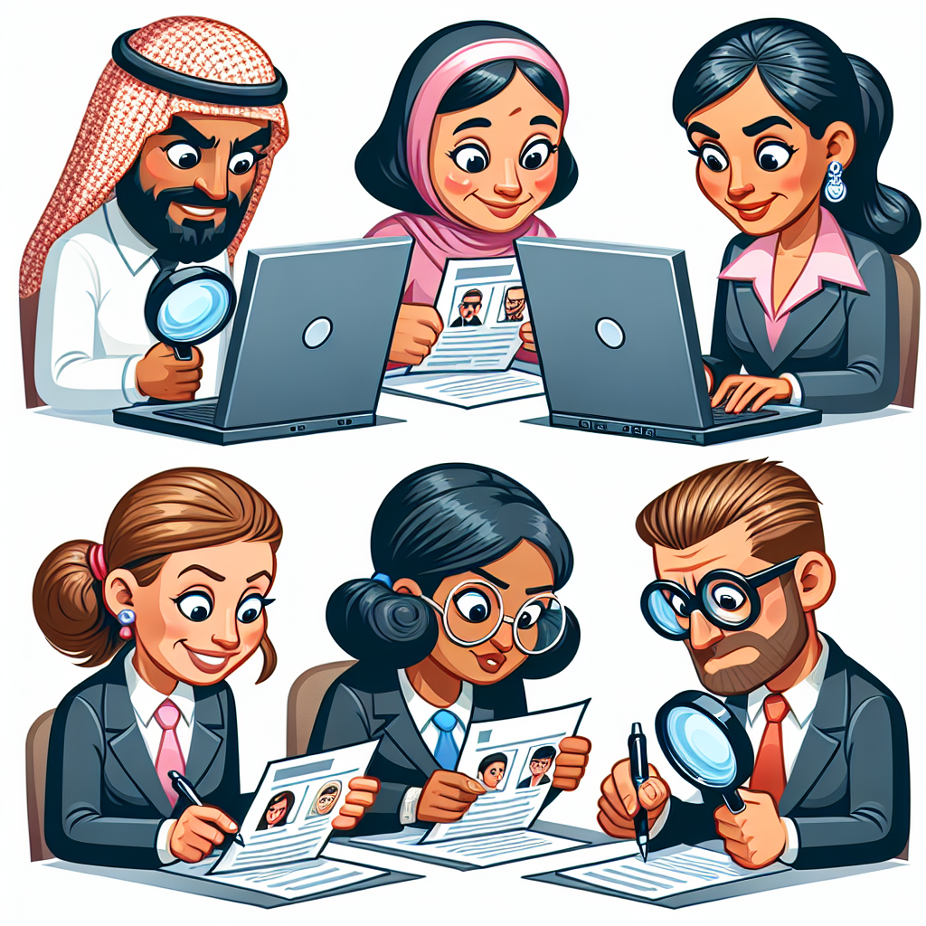 A fun cartoon-style illustration showing a diverse group of professionals reviewing resumes with magnifying glasses and computers