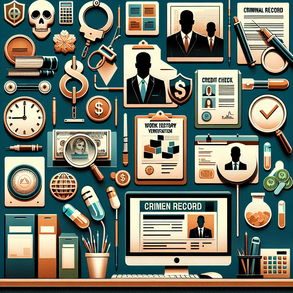 A collage representing different types of background checks such as criminal records, work history verification, credit checks, and drug testing in a modern office setting