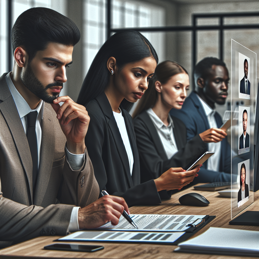 A diverse group of HR professionals reviewing candidate backgrounds on digital devices