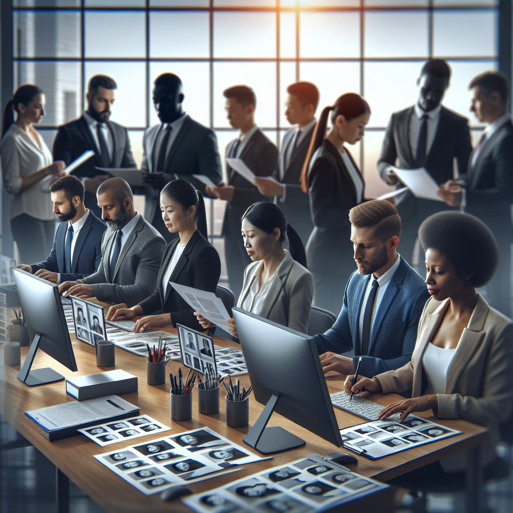 A diverse team conducting background checks in an office setting, with documents and computers around them