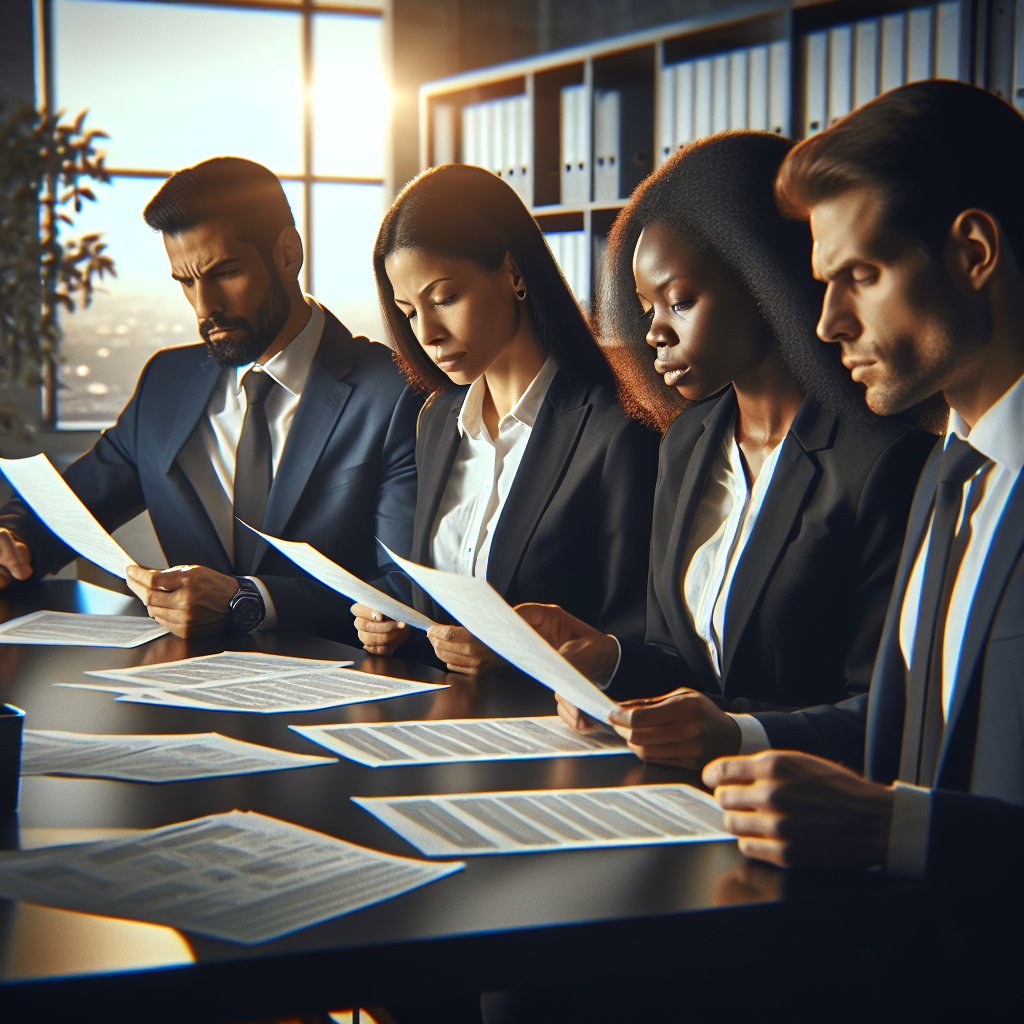 A diverse group of professionals reviewing employee background check reports in an office setting