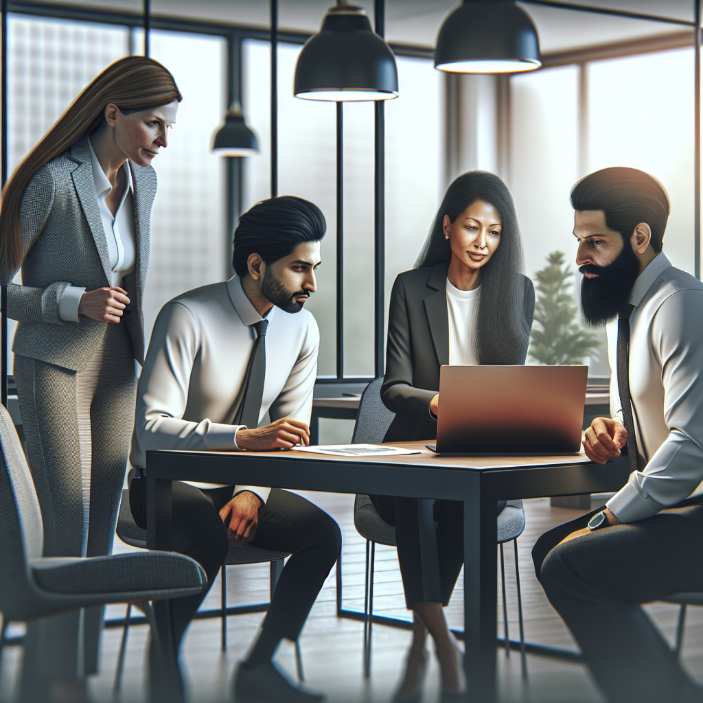 A modern office setting with a diverse group of professionals discussing background checks over a laptop