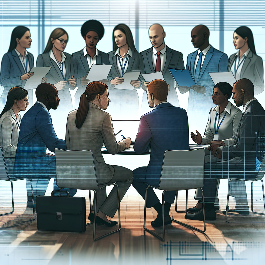 A diverse group of professionals discussing background checks in an office setting, with documents and laptops visible