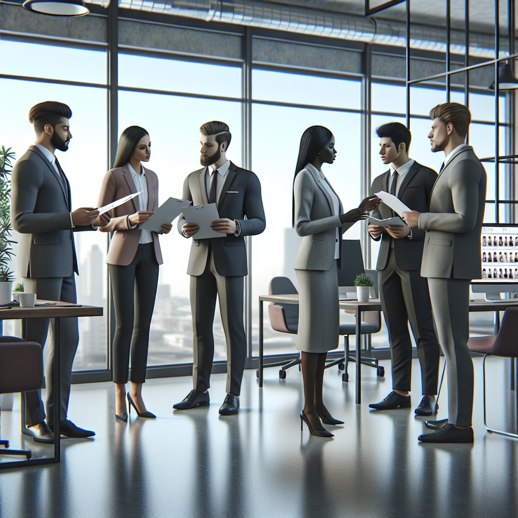 A modern office setting with HR professionals discussing background check reports
