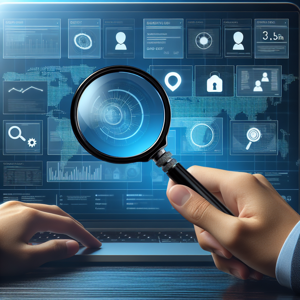 A detective magnifying glass over a digital screen displaying various background investigation data points