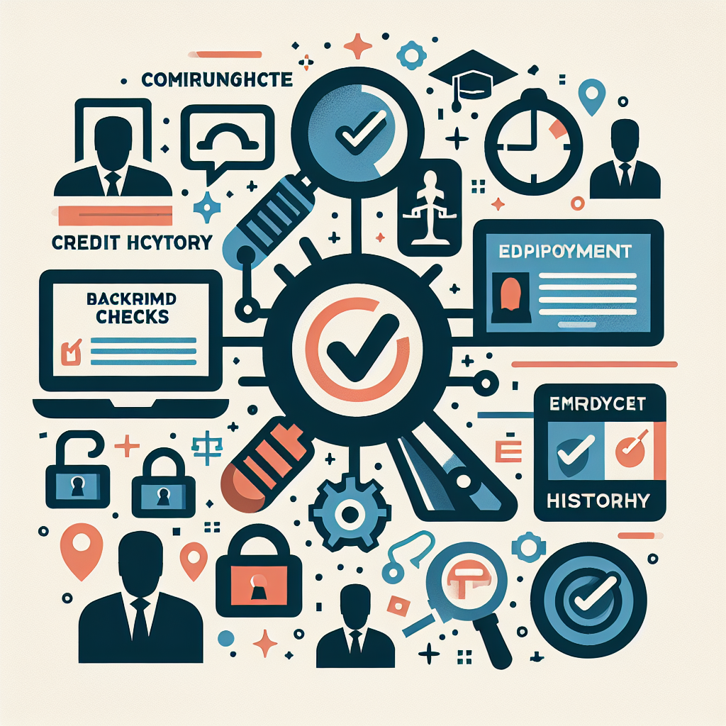 A visual representation of various components involved in comprehensive background checks, including icons for criminal checks, education verification, employment history, credit checks, and social media screening.