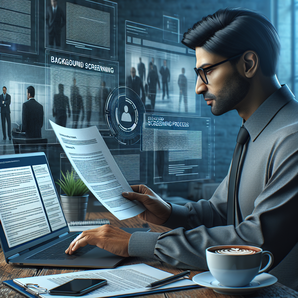 A compliance officer reviewing legal documents related to background screening processes with a laptop and coffee cup
