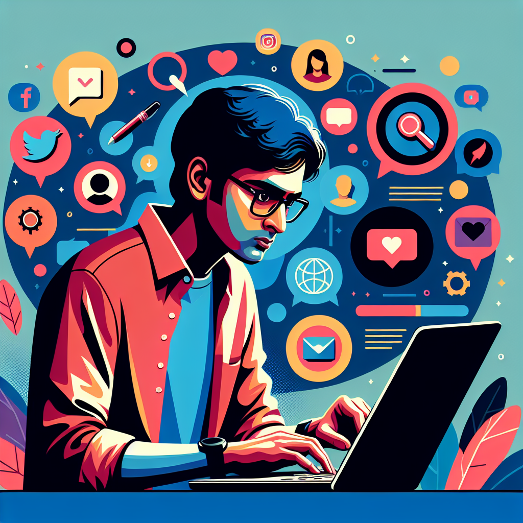 A vibrant illustration showing a person analyzing social media profiles on a laptop with icons representing different social networks like Facebook, Twitter, and LinkedIn