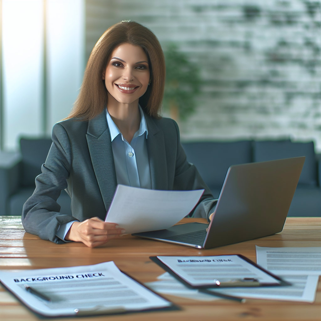 A friendly HR manager reviewing background check reports with a laptop and documents in an office setting