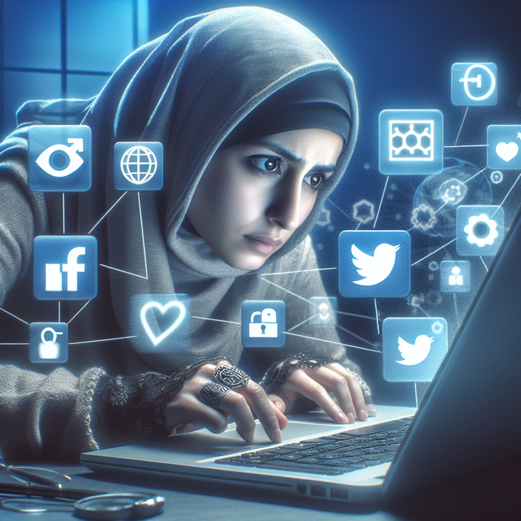 A digital detective analyzing social media profiles on a laptop, with various icons representing Facebook and other social networks around them